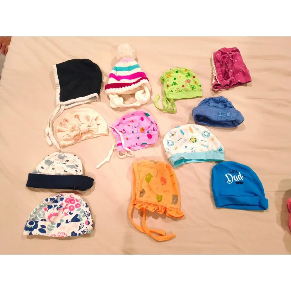 12 Baby Caps (0–3m) – Mixed Cotton & Woolen– Gently Used